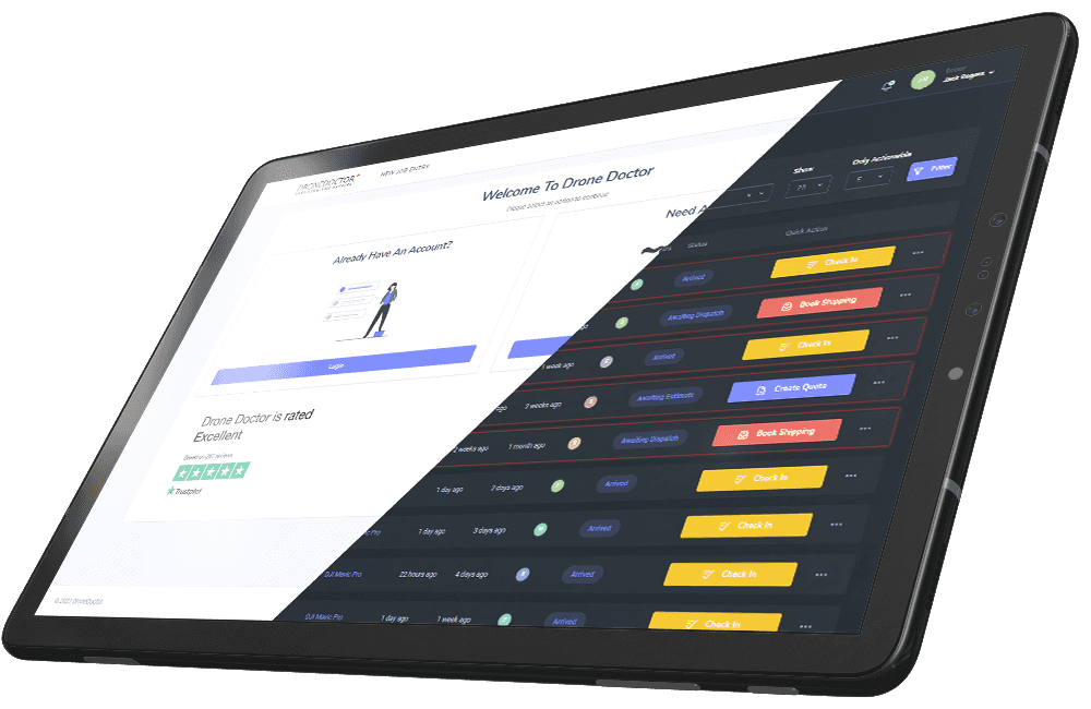 Drone Doctor website displayed on a tablet